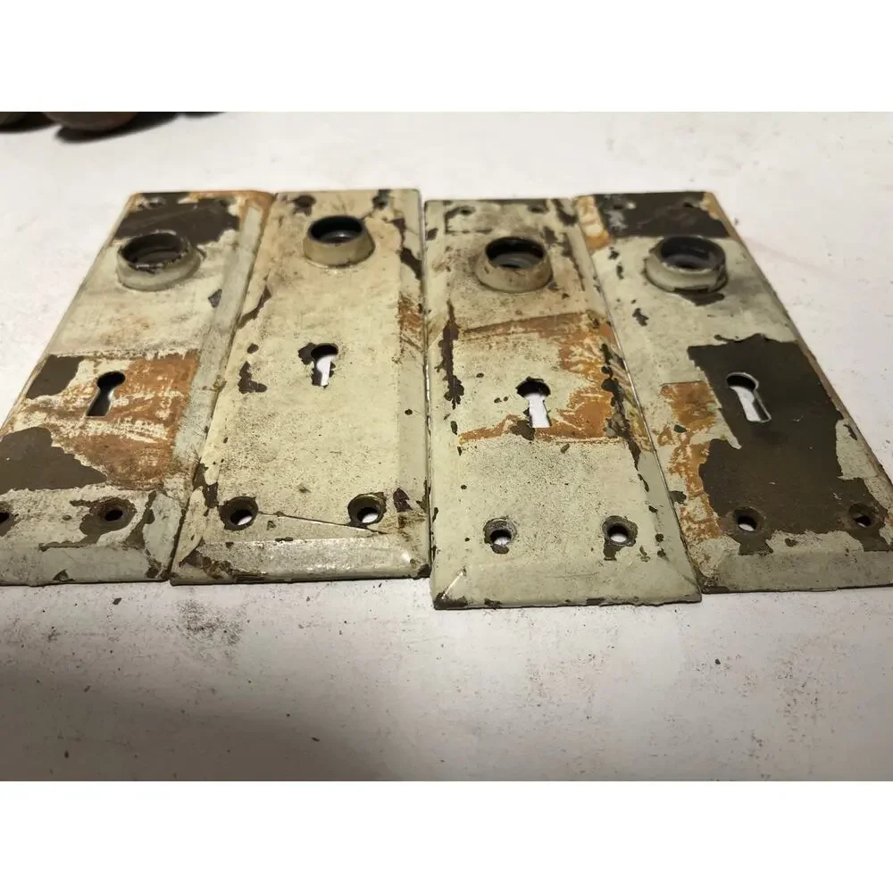 Lot of 4 Vintage Antique Cream Door Metal Backplates Escutcheon Chippy Paint